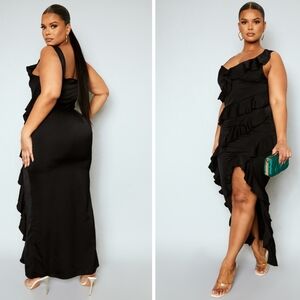 Plus Black Satin Frill Layered Maxi Dress